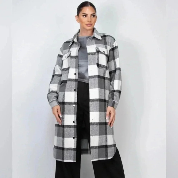 Black & White Plaid Knee Length Shacket Coat - Picture 1 of 5